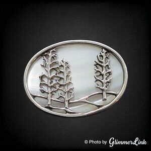 Vintage Jezlaine 925 Sterling Silver Mother of Pearl Trees Landscape Oval Brooch